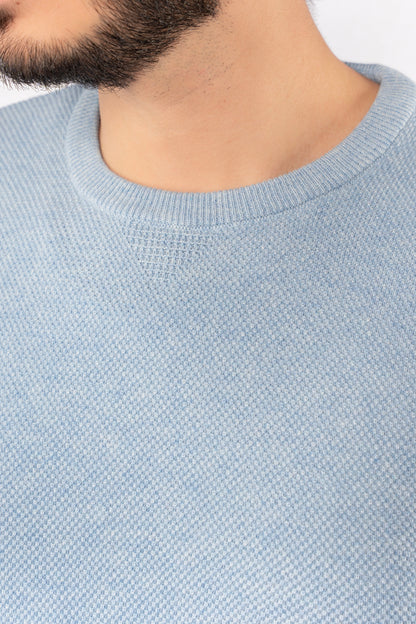 BLUE ROUND NECK PIQUET SWEATER