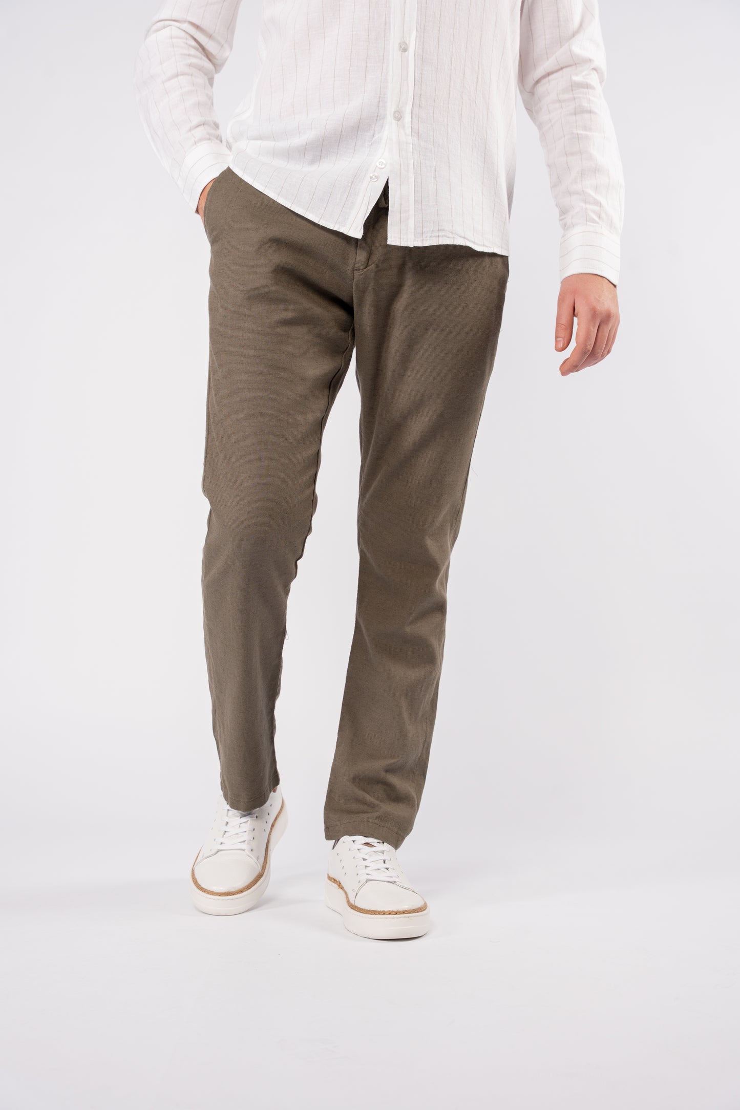 WHITE BEIGE LINED LINEN SHIRT