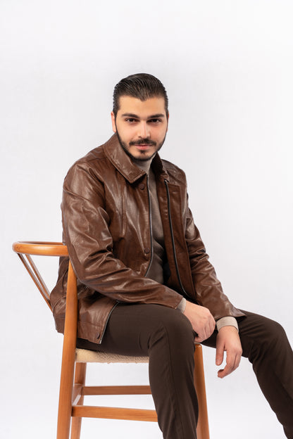 LIGHT BROWN TRUCKER LEATHER JACKET