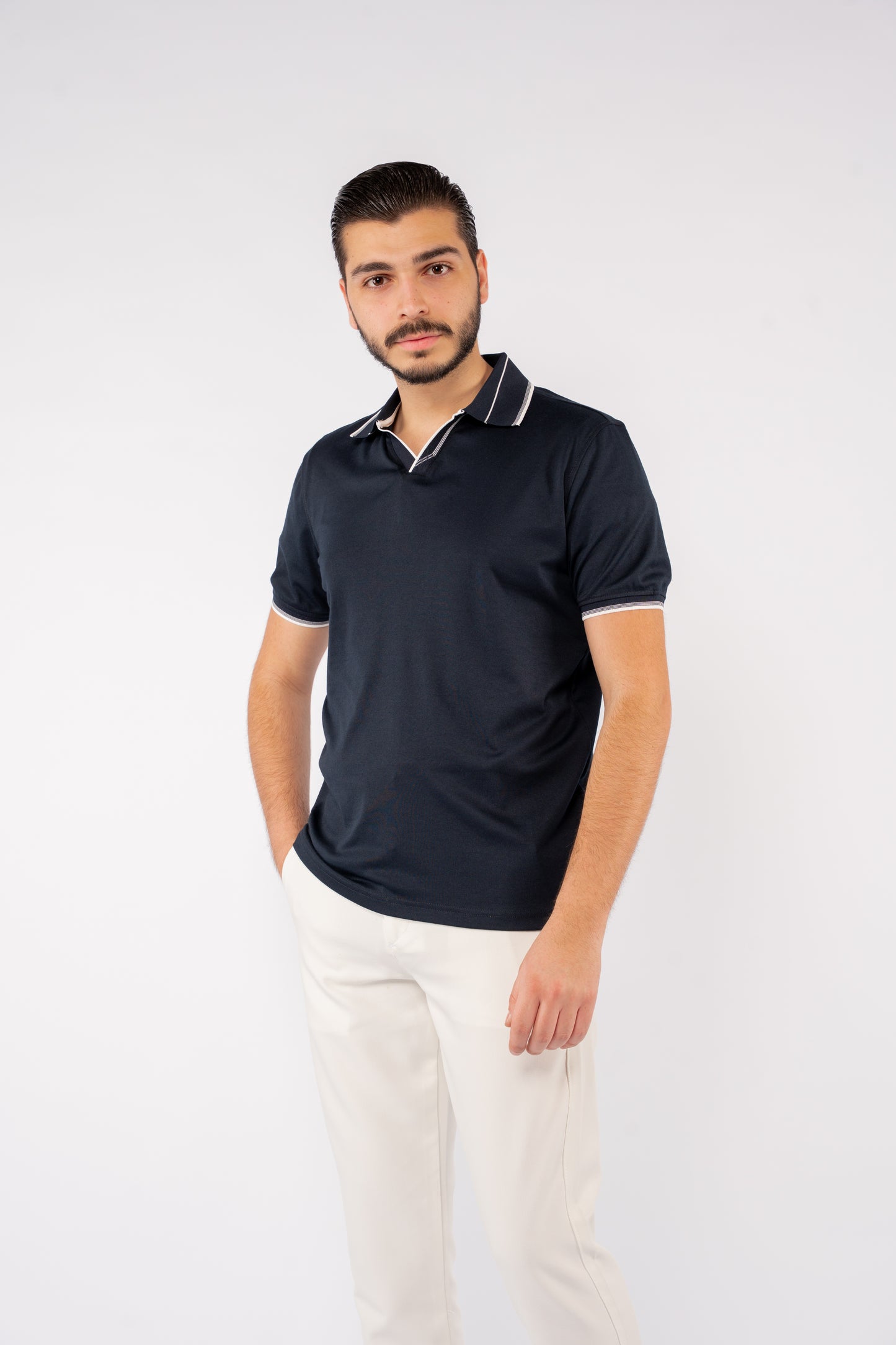 NAVY MIXED VNECK POLO
