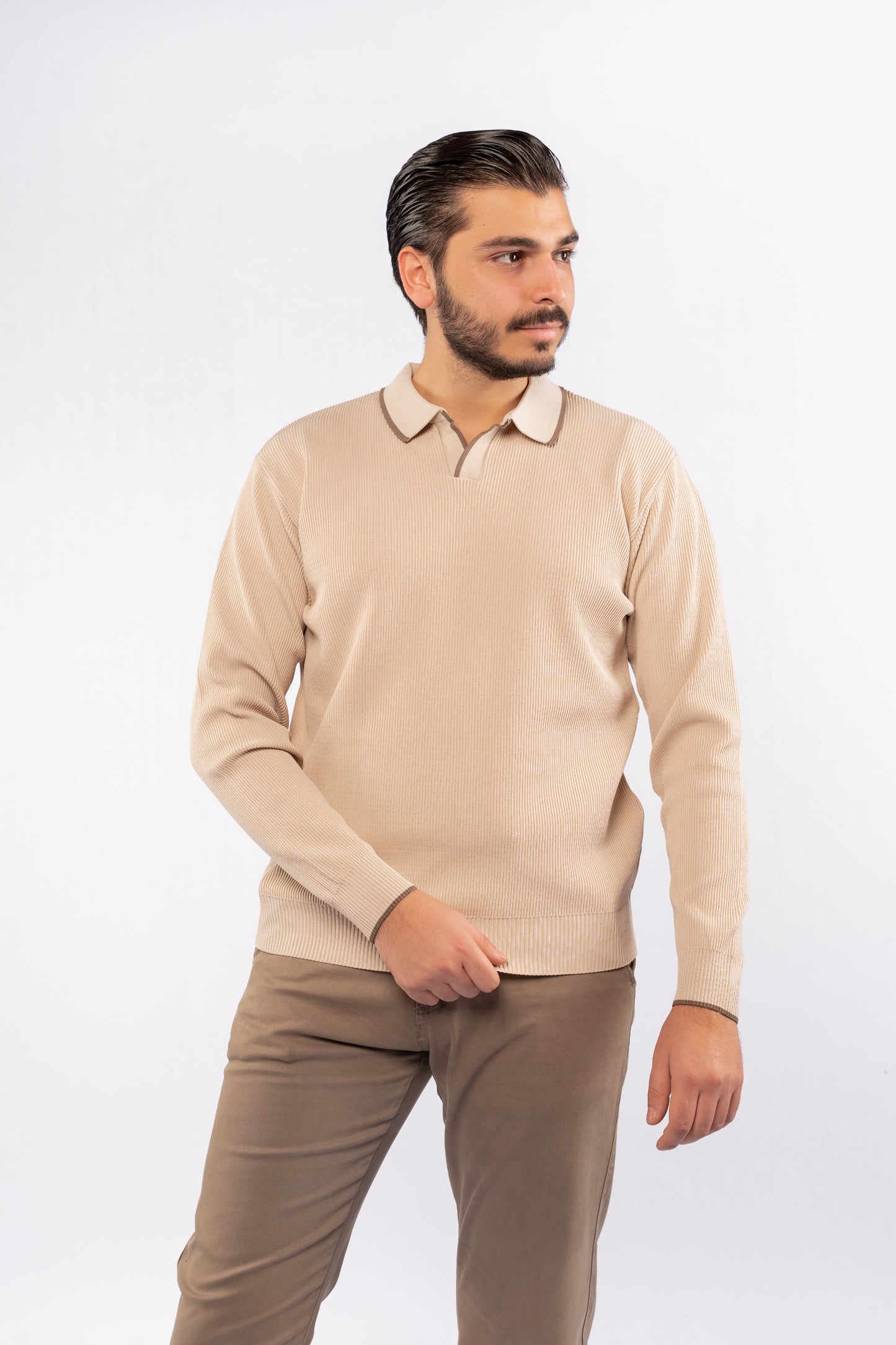 BEIGE LINED POLO SWEATER
