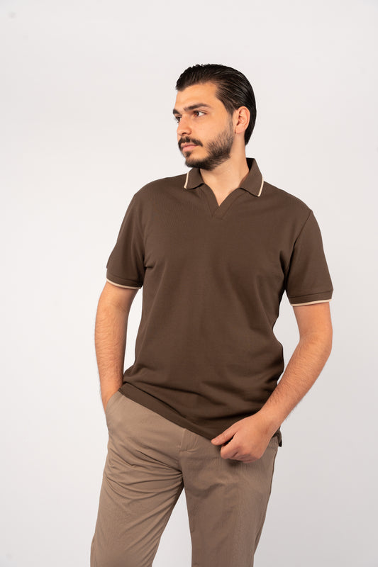 BROWN BEIGE LINE VNECK POLO