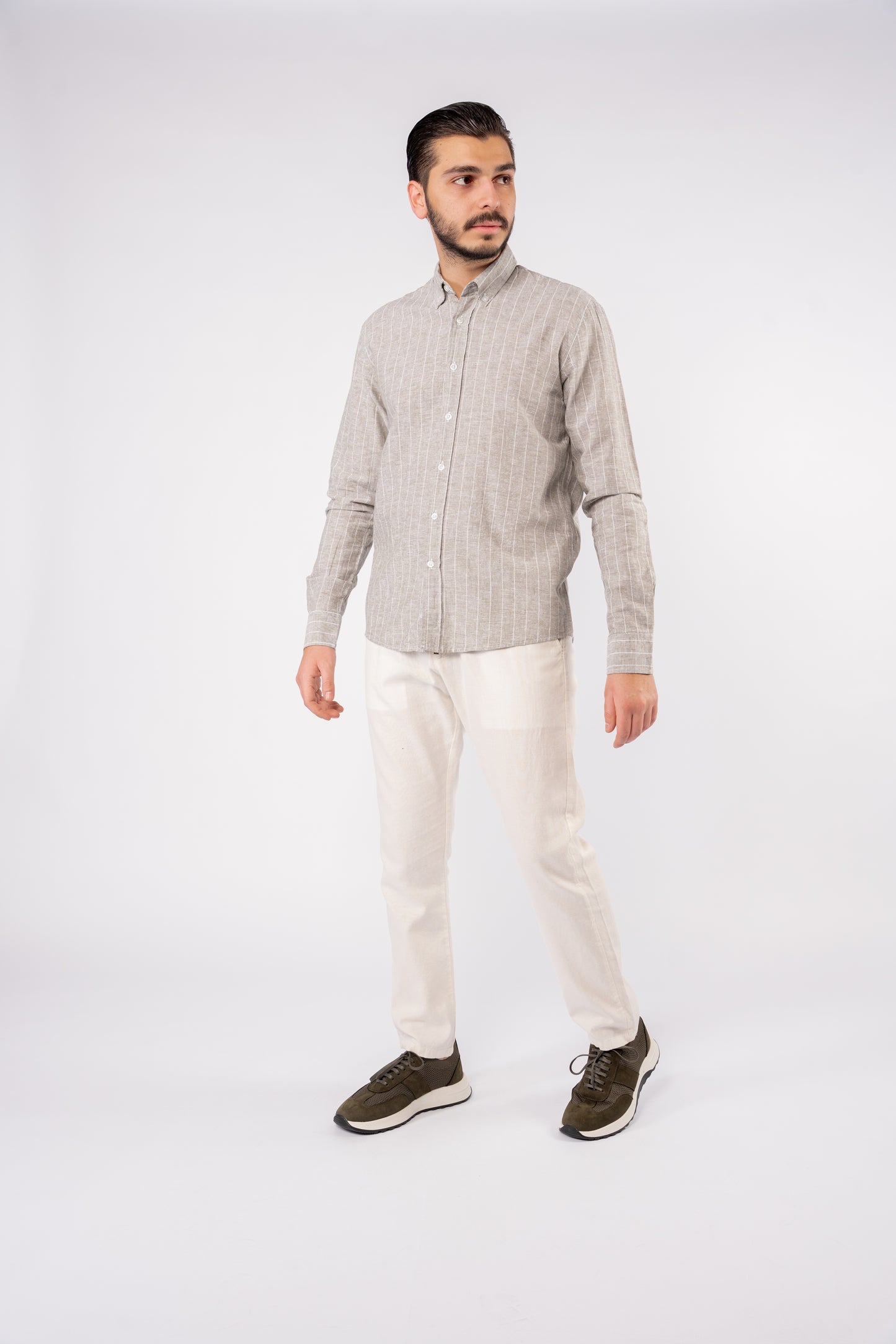 OLIVE WHITE LINED LINEN SHIRT