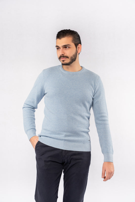 BLUE ROUND NECK PIQUET SWEATER