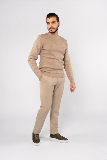 DARK BEIGE ROUND NECK PIQUET SWEATER