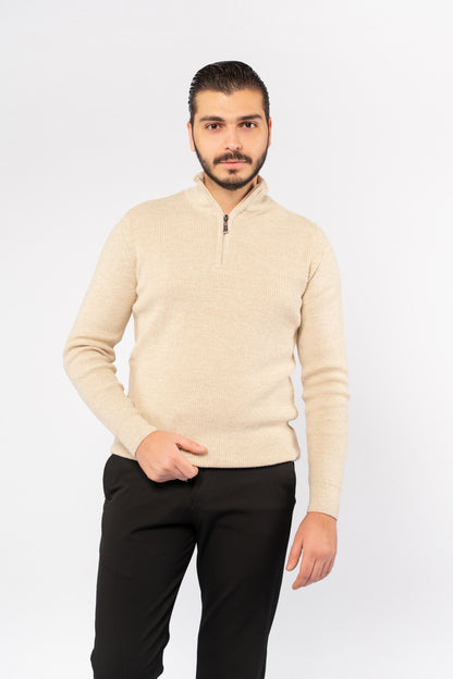 BEIGE KNITTED HIGHNECK ZIPPER SWEATER