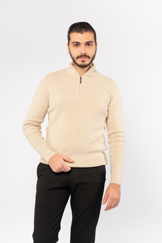 BEIGE KNITTED HIGHNECK ZIPPER SWEATER