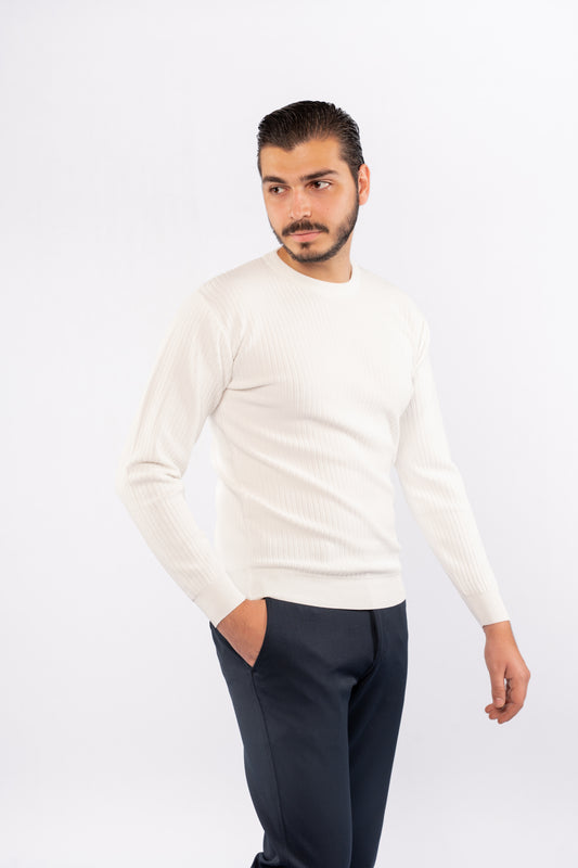 WHITE TRICOT ROUNDNECK SWEATER