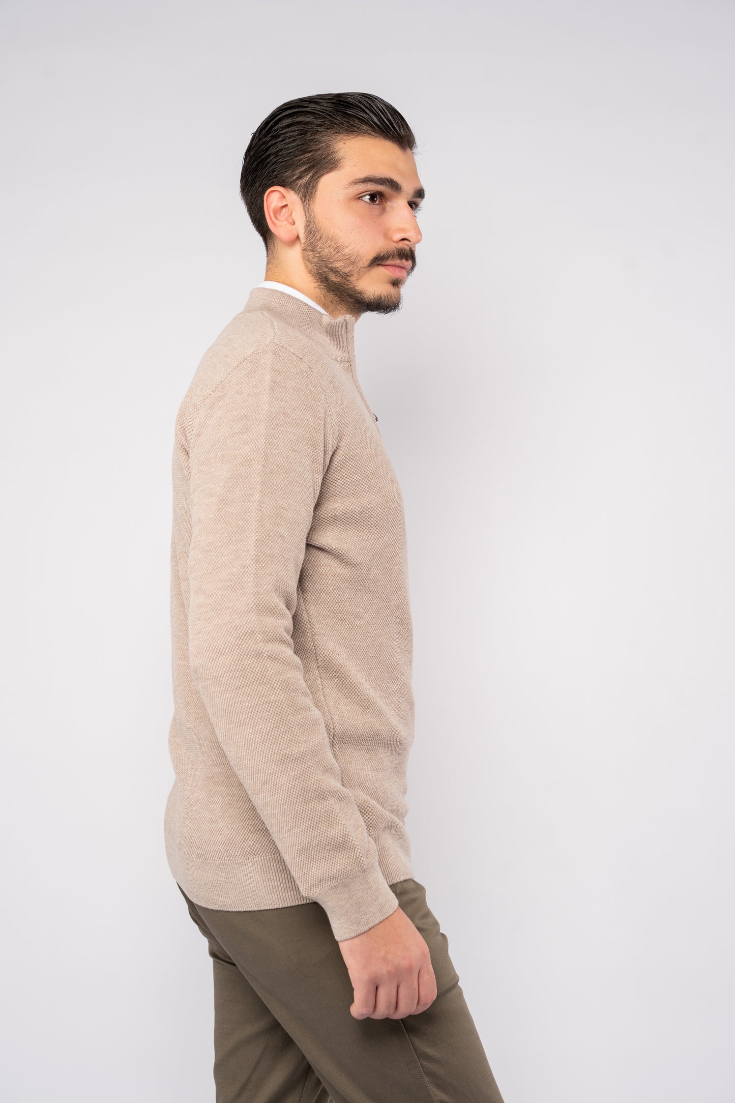 BEIGE PIQUET HIGH NECK ZIPPER