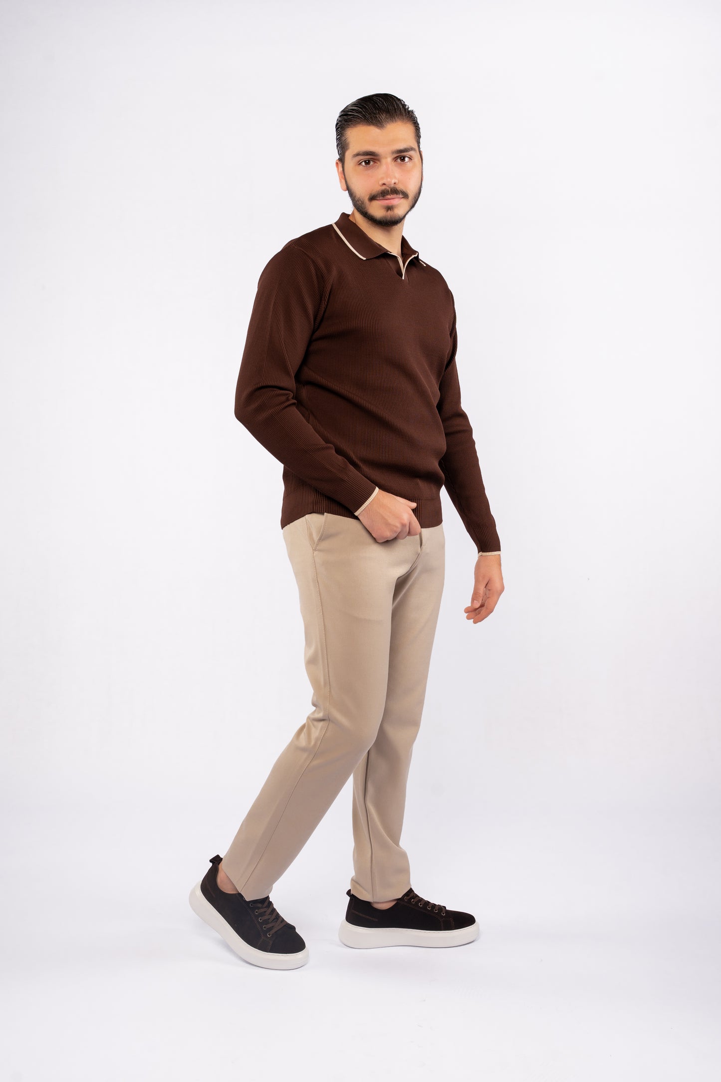 BROWN LINED POLO SWEATER