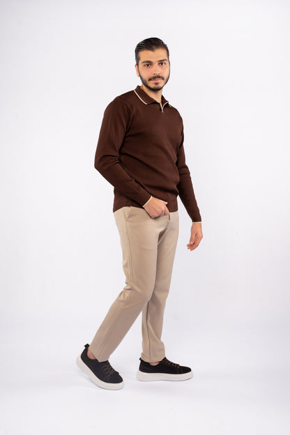 BROWN LINED POLO SWEATER