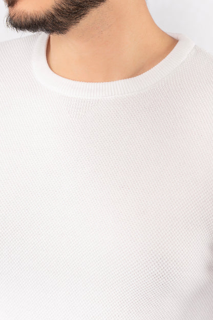 WHITE ROUND NECK PIQUET SWEATER