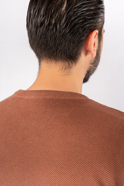 MOCHA ROUND NECK PIQUET SWEATER