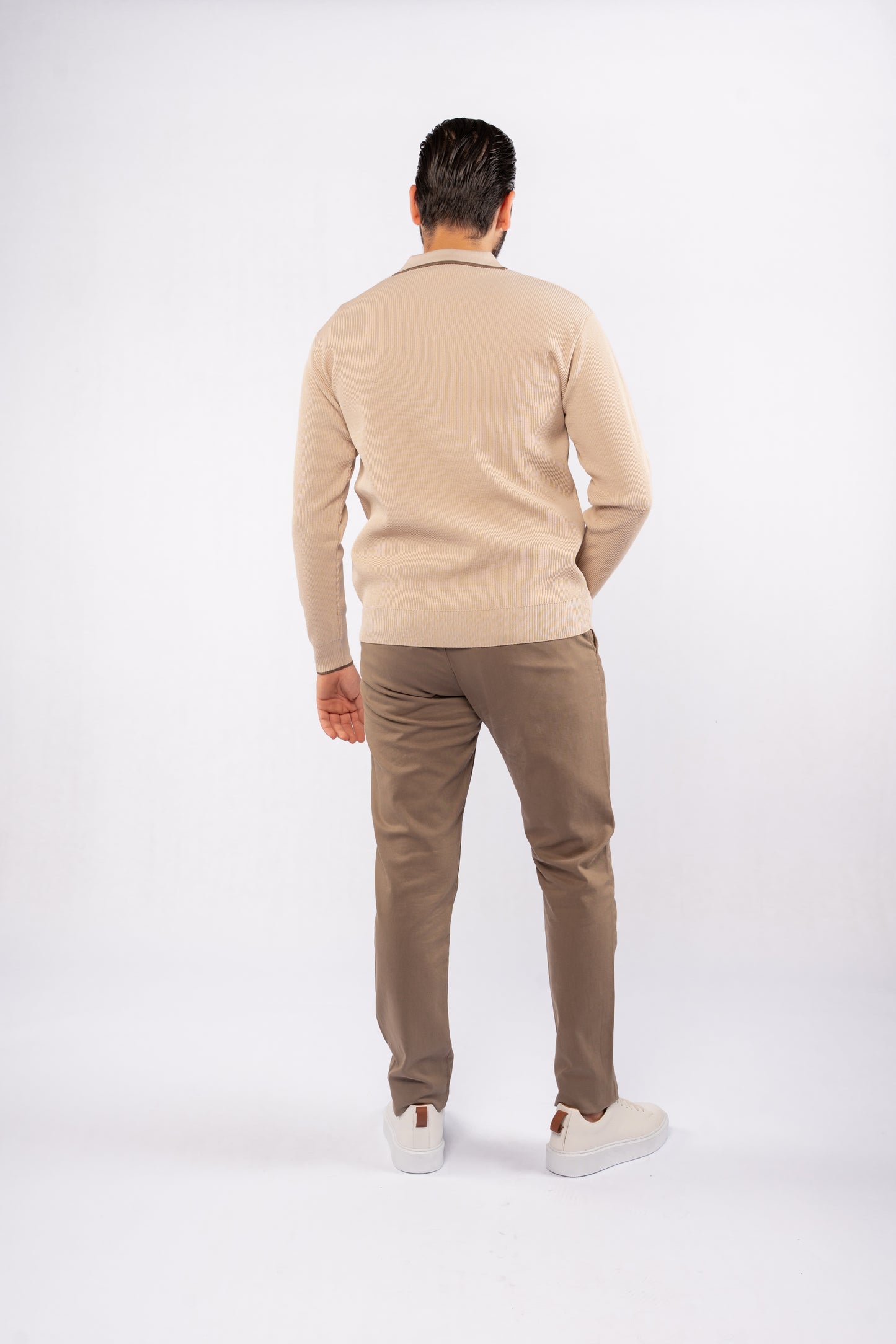 BEIGE LINED POLO SWEATER