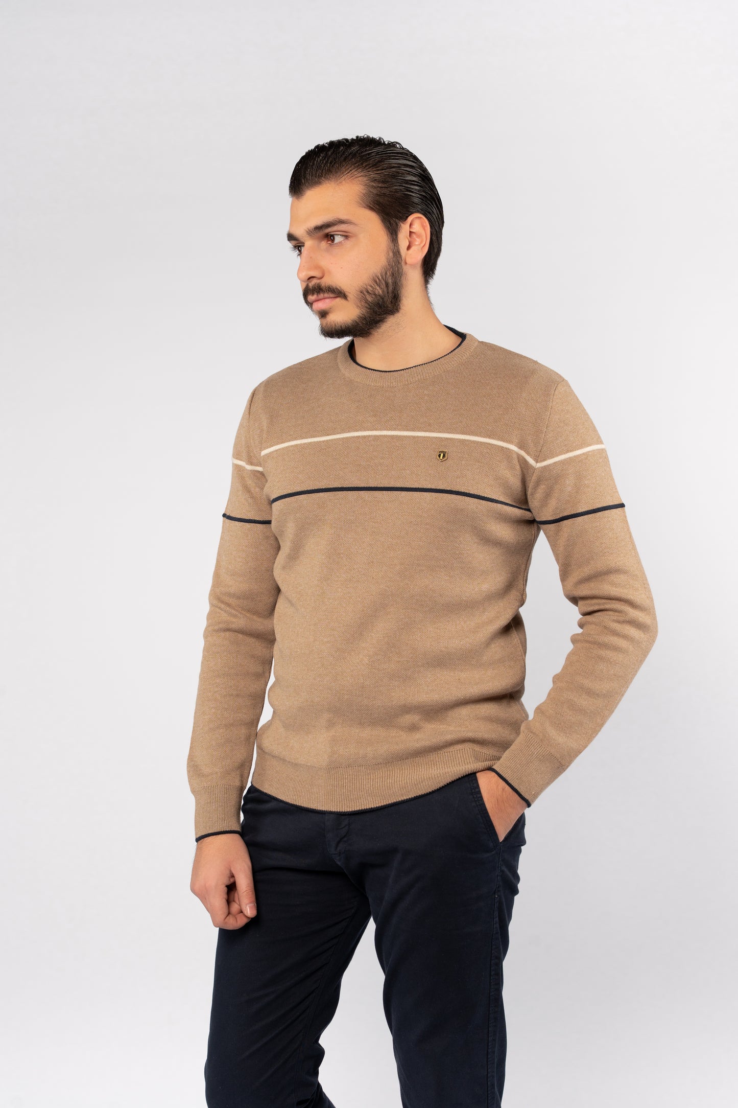DARK BEIGE NAVY LINE SWEATER