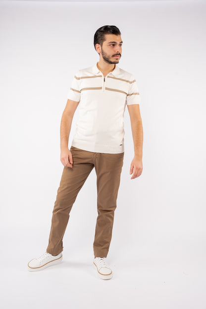 WHITE BEIGE LINES ZIPPER POLO