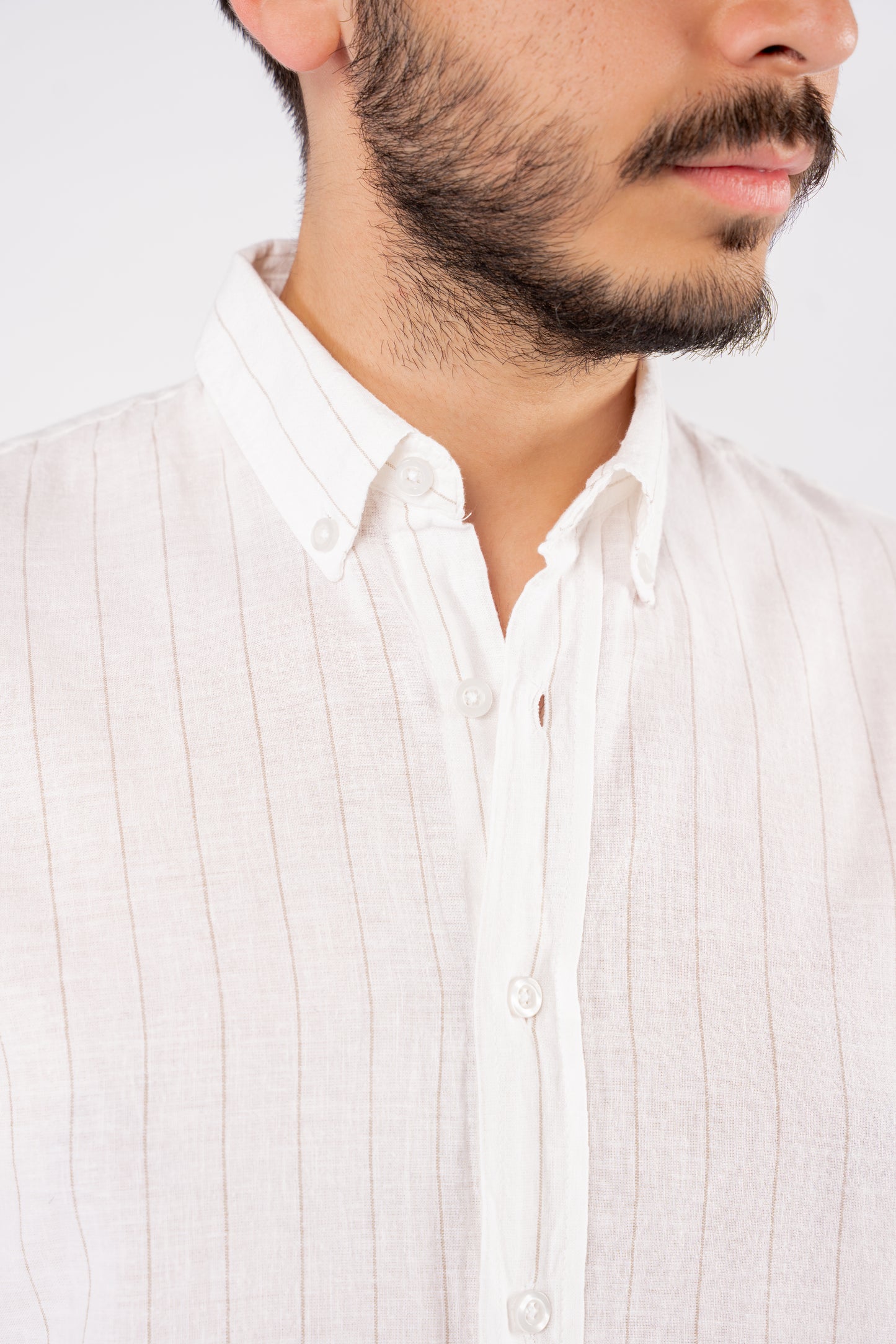 WHITE BEIGE LINED LINEN SHIRT