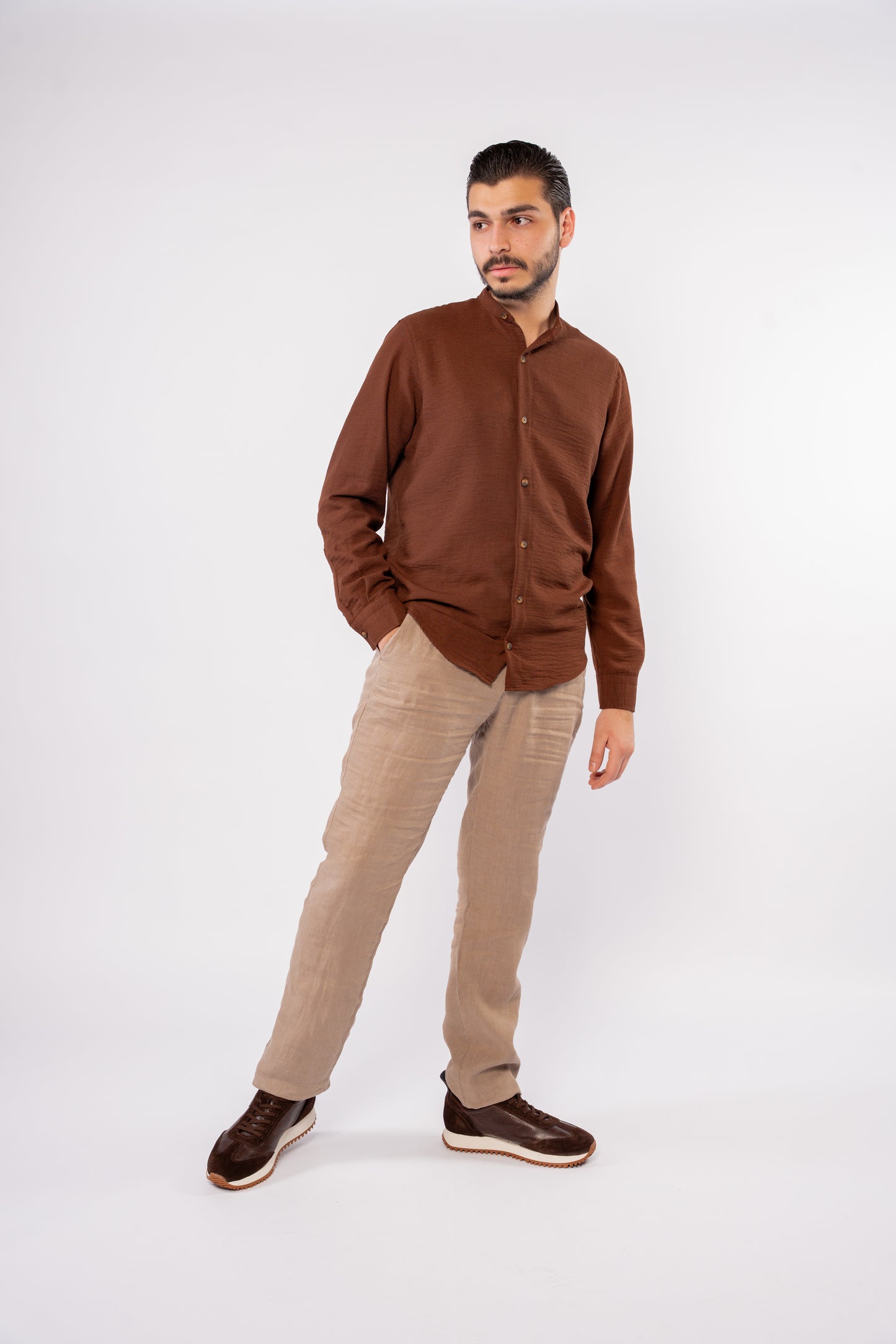 BROWN DOUBLE GAUZE CHINESE SHIRT