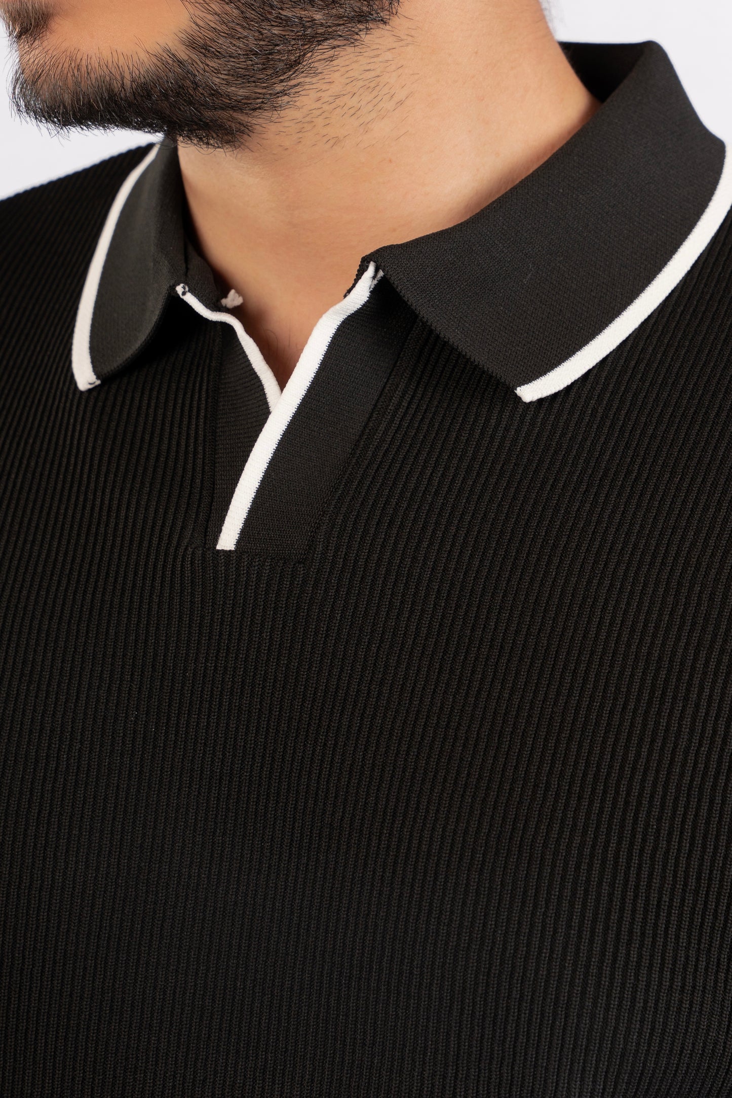 BLACK LINED POLO SWEATER