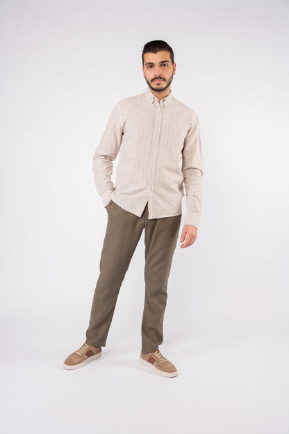 BEIGE WHITE LINED LINEN SHIRT