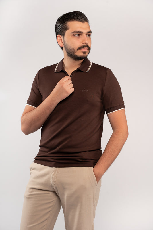 BROWN MIXED COLLAR ZIPPER POLO
