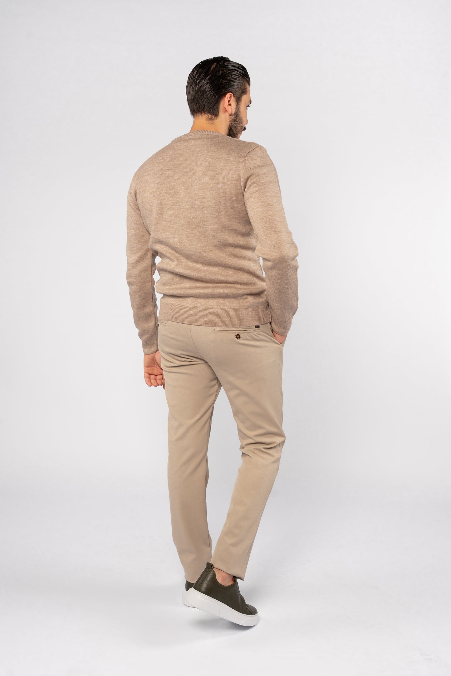 DARK BEIGE ROUND NECK PIQUET SWEATER