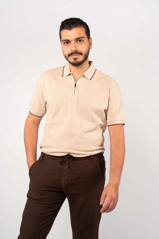 BEIGE BROWN LINE ZIPPER POLO