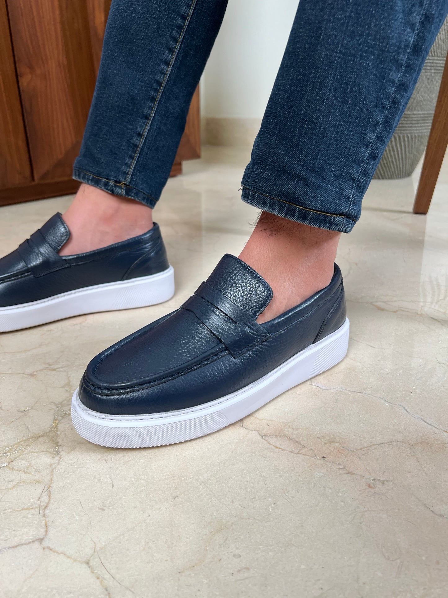 NAVY LOAFER LEATHER HIGH SOLE