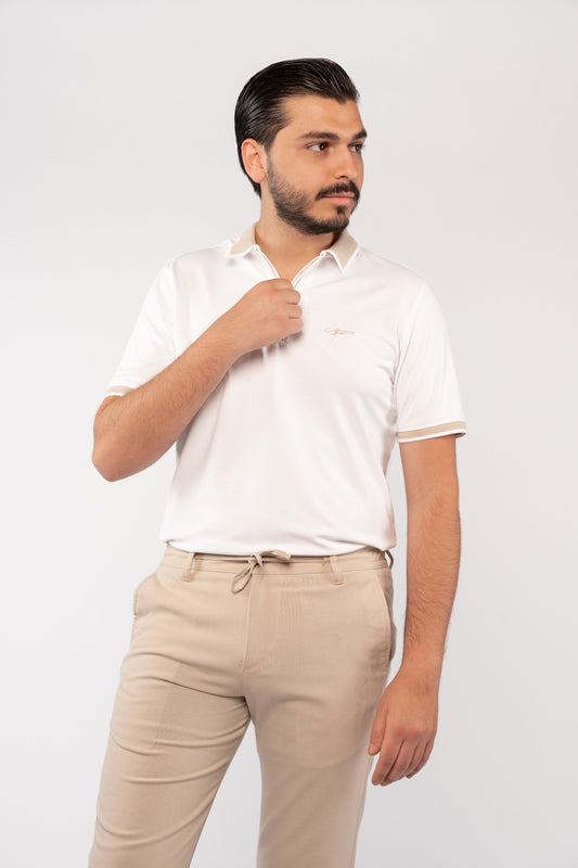 WHITE BEIGE COLLAR ZIPPER POLO