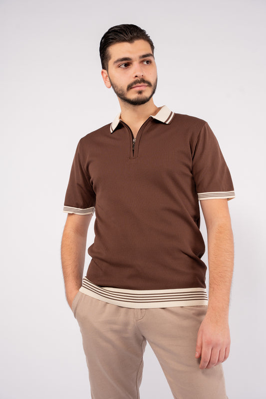 BROWN MIXED ZIPPER TRICOT POLO
