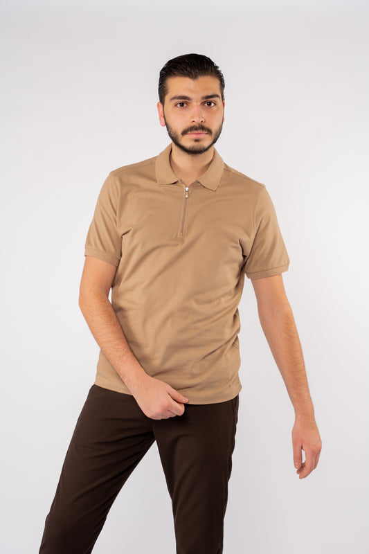 BEIGE PIQUET ZIPPER POLO