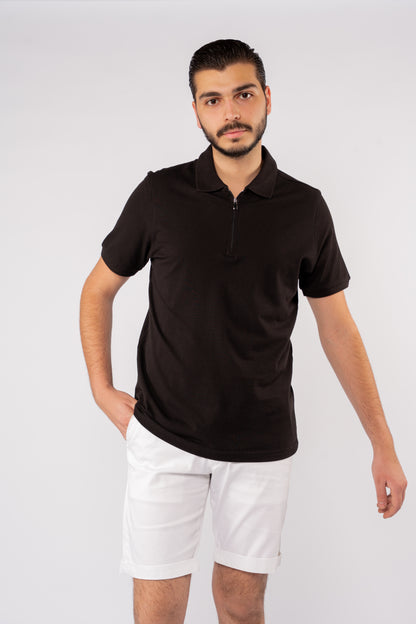 BLACK PIQUET ZIPPER POLO