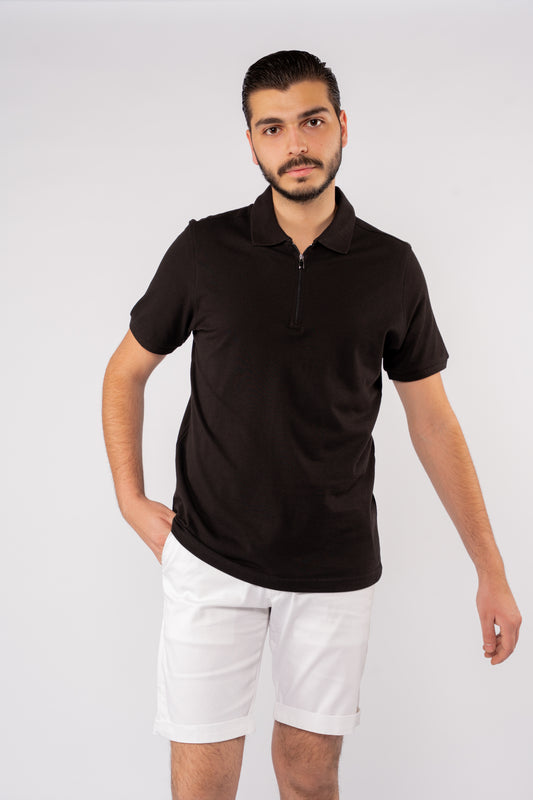 BLACK PIQUET ZIPPER POLO