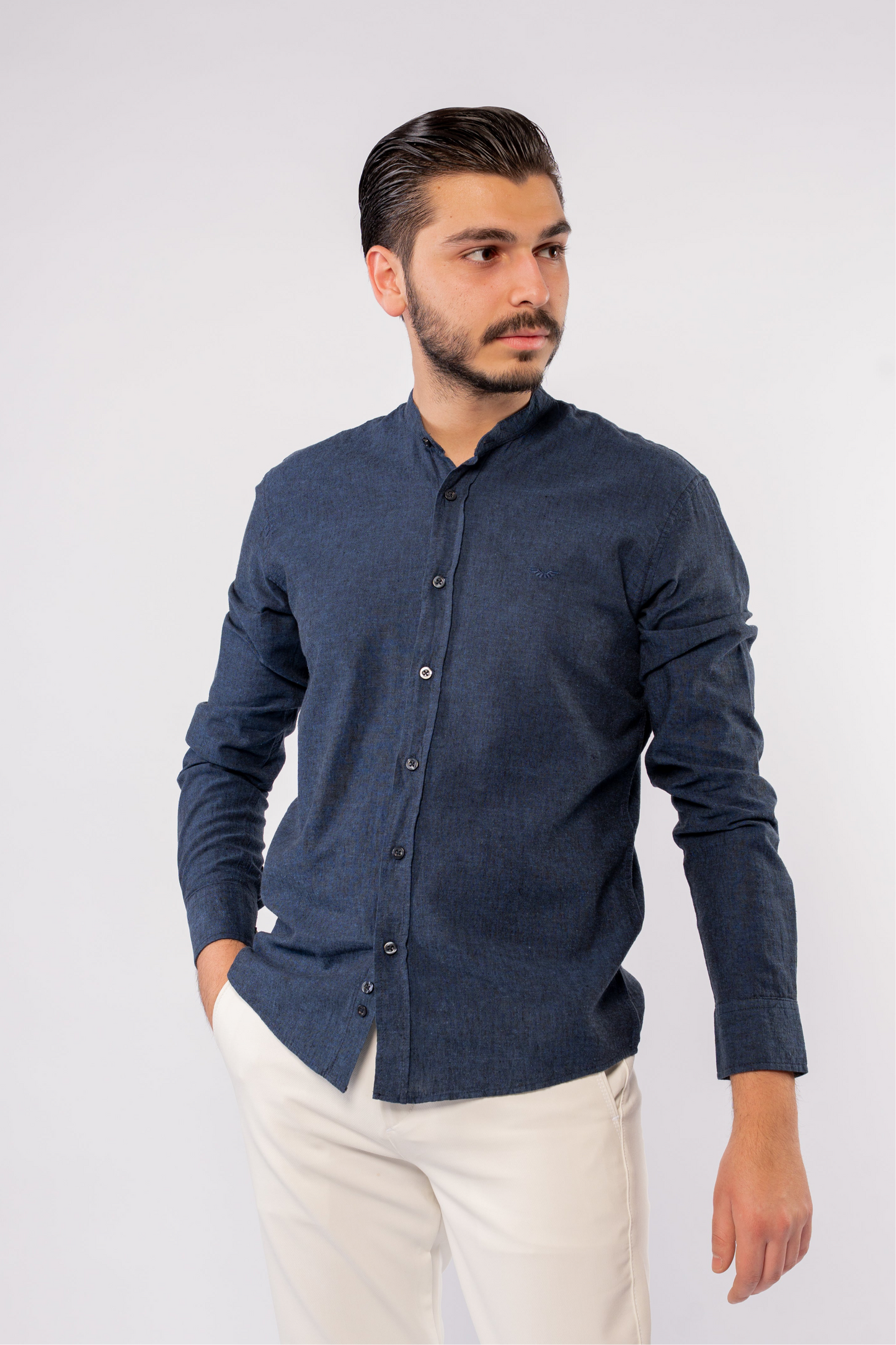 NAVY CHINESE LINEN SHIRT