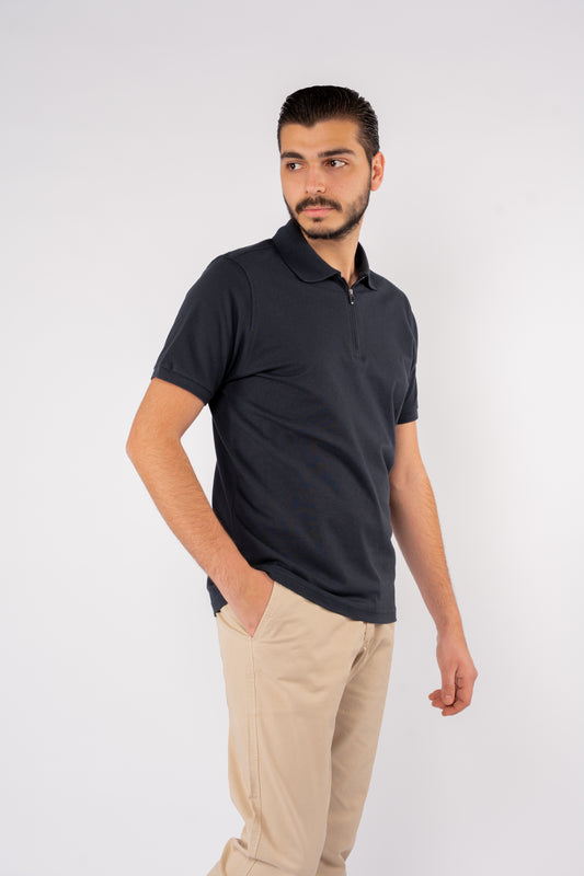 NAVY PIQUET ZIPPER POLO