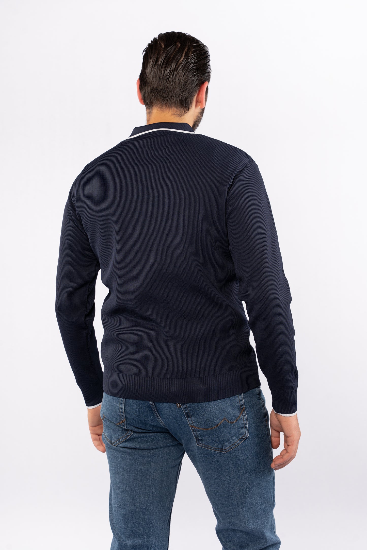 NAVY LINED POLO SWEATER