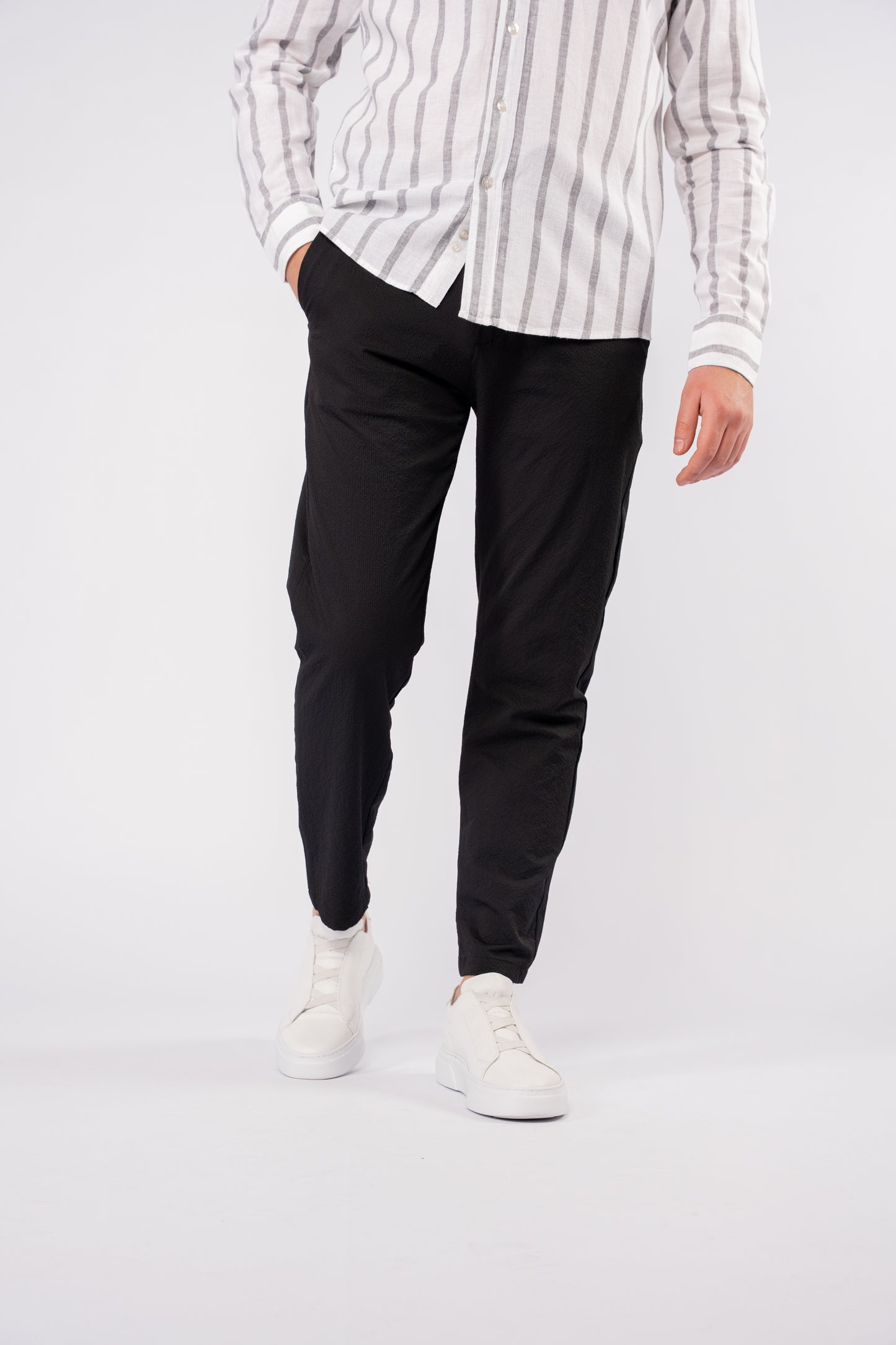 BLUE GREY LINED LINEN SHIRT