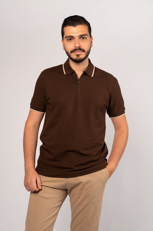 BROWN BEIGE LINE ZIPPER POLO
