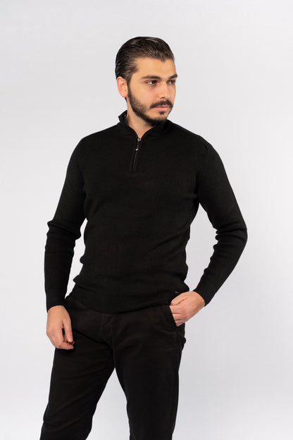 BLACK KNITTED HIGHNECK ZIPPER SWEATER