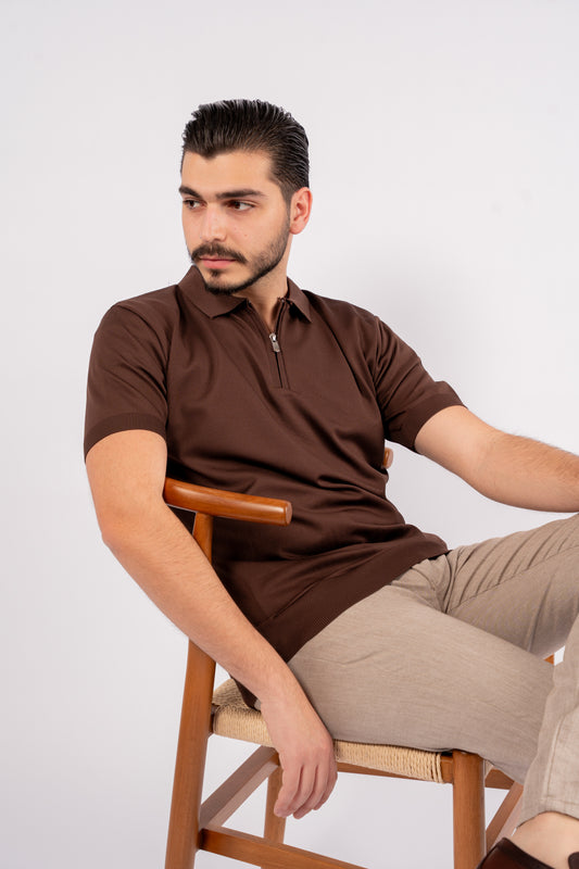 BROWN MERCERIZED ZIPPER POLO