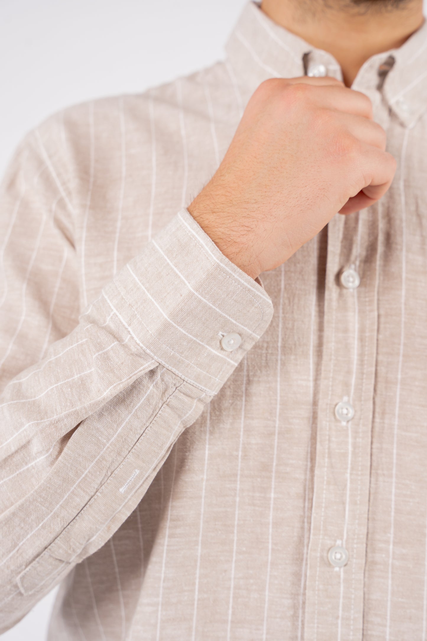 BEIGE WHITE LINED LINEN SHIRT