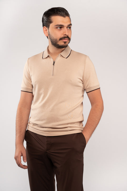 BEIGE MIXED COLLAR ZIPPER POLO