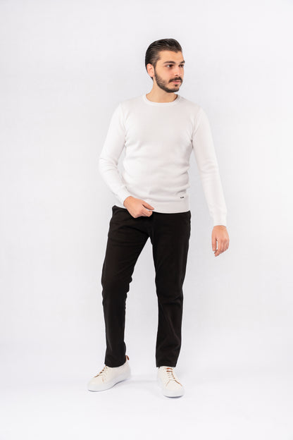 WHITE ROUND NECK PIQUET SWEATER