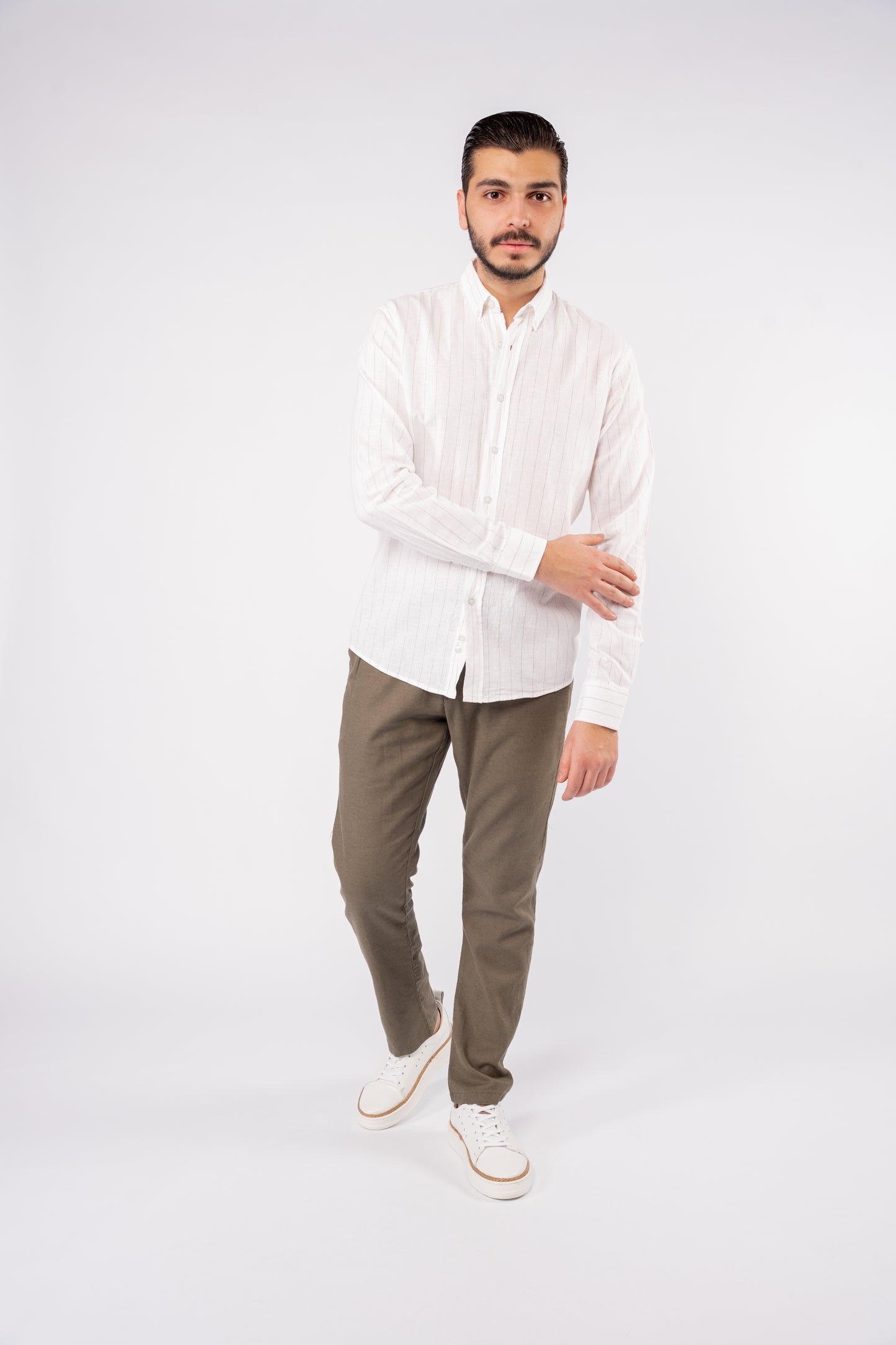 WHITE BEIGE LINED LINEN SHIRT