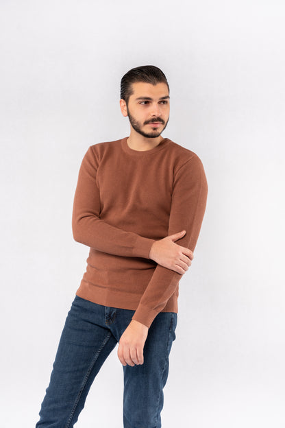 MOCHA ROUND NECK PIQUET SWEATER