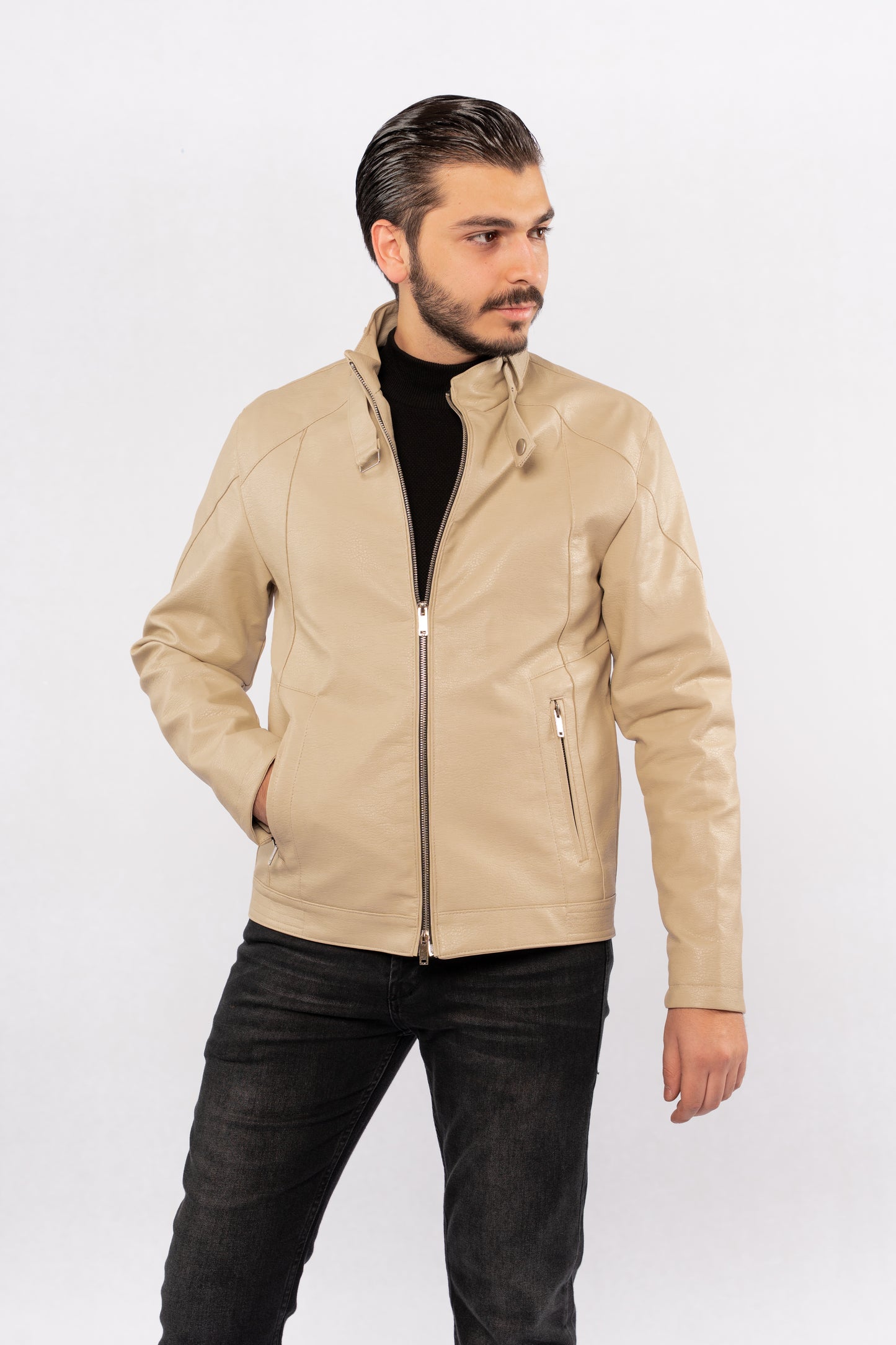 BEIGE CASUAL LEATHER JACKET