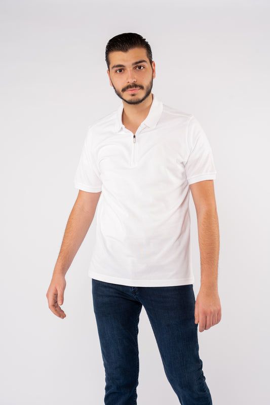 WHITE PIQUET ZIPPER POLO