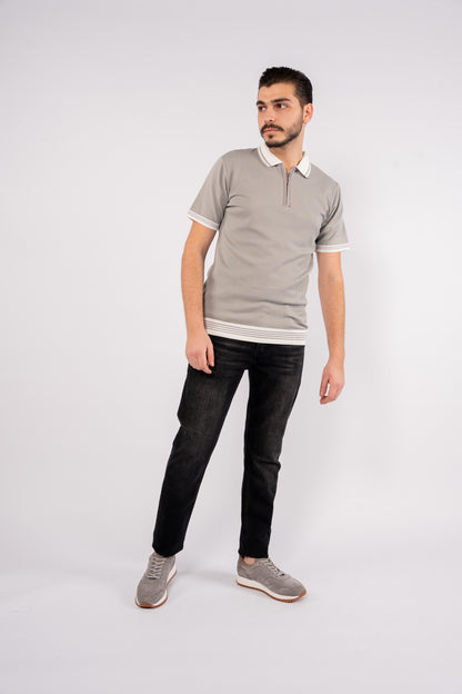 GREY MIXED ZIPPER TRICOT POLO
