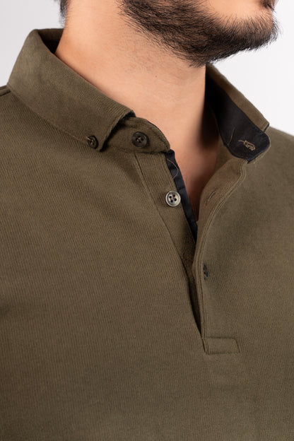 OLIVE BUTTON POLO SWEATER