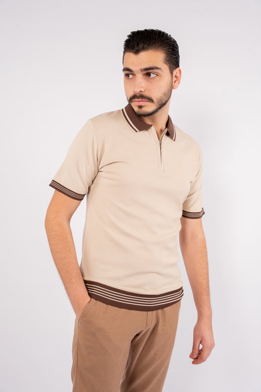 BEIGE MIXED ZIPPER TRICOT POLO